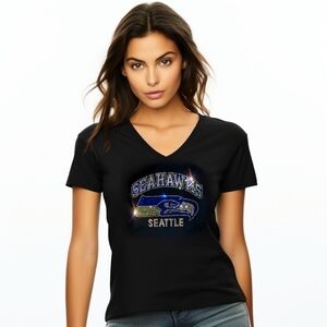 Seattle Seahawks Women's Black V-Neck Tee with Rhinestone Logo